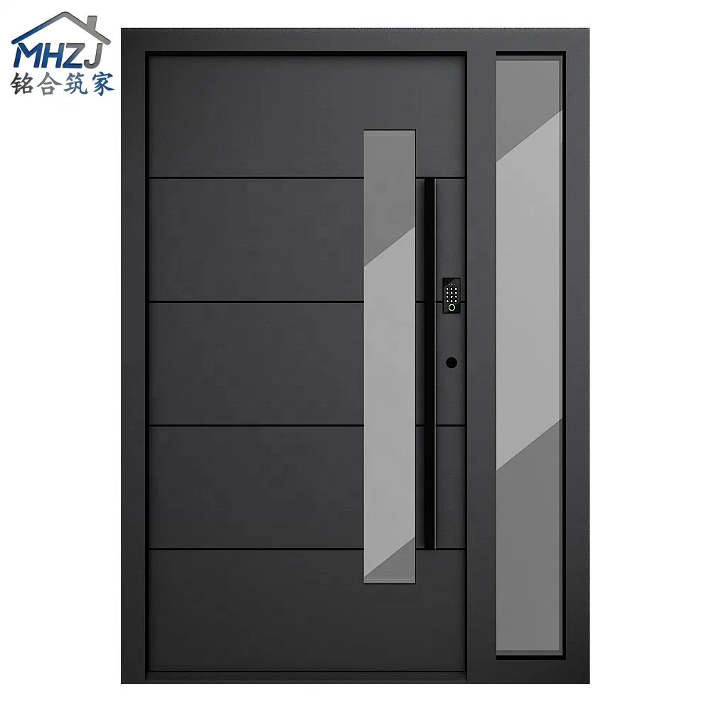 Porta de Entrada de Luxo em Metal Blindado, Porta Frontal de Segurança Exterior, Portão de Aço Moderno em Ferro Forjado, Entrada em Liga de Alumínio Fundido, Portas Pivotantes de Madeira com Ferragens
