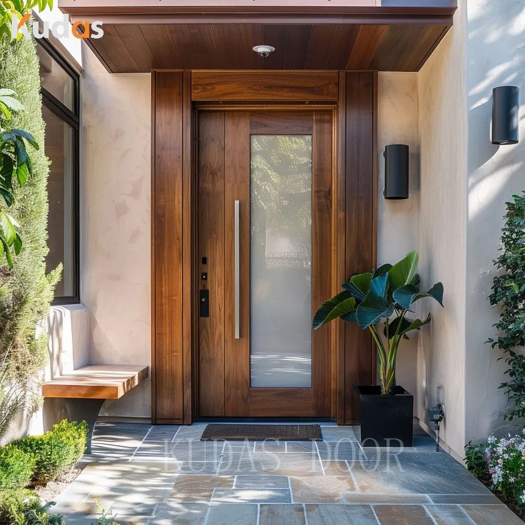 Portas principais duplas de madeira sólida de luxo com design em madeira de teca e vidro decorativo