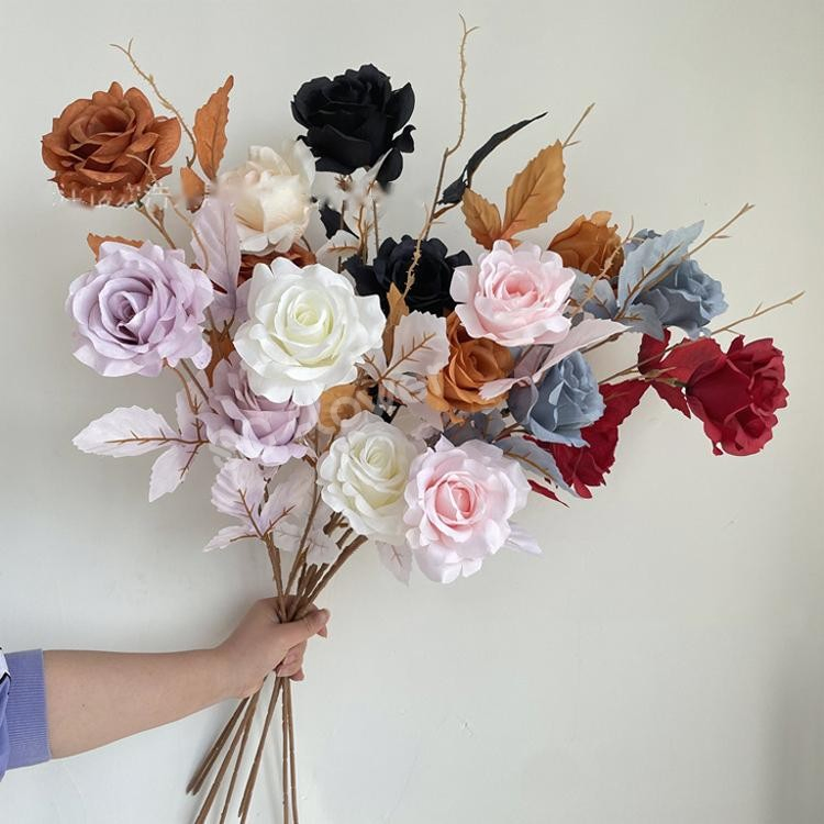 Retro Autumn Color 2 Head Silk Roses Faux Flowers Artificial Flowers for Wedding Arrangements