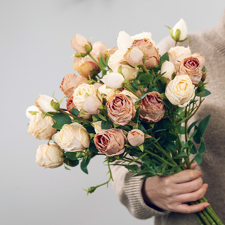 Artificial Flower 5-Head Charred Edge Rose, Retro Silk Flower, Home and Wedding Decoration, Artificial Flower Dried Flower Bouquet, High-End Arrangement