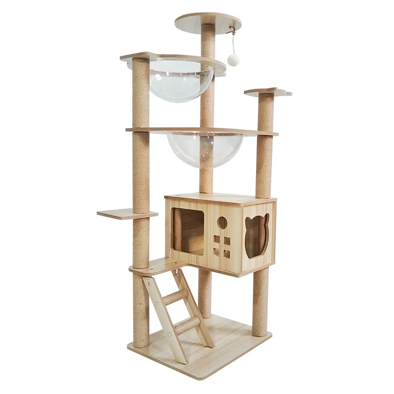 Integrated Wooden Cat Tower with House Cat Scratching Post