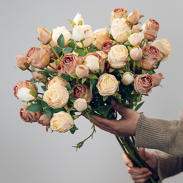 Artificial Flower 5-Head Charred Edge Rose, Retro Silk Flower, Home and Wedding Decoration, Artificial Flower Dried Flower Bouquet, High-End Arrangement