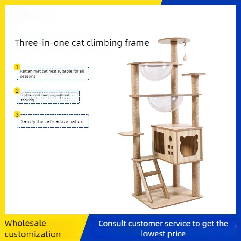 Best-Selling Cat Bed &amp; Tree Large Integrated Wooden Cat Tower with House Cat Scratching Post
