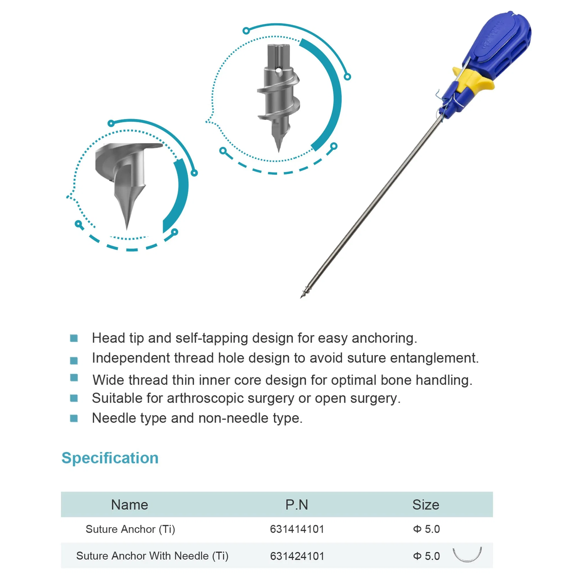 Canwell Sports Medicine Suture Anchor Arthroscopy Suture Anchor with Needle Titanium Suture Anchor