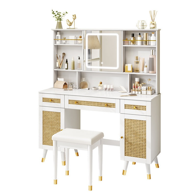 Elegant Black Dresser Vanity with Lighted Mirror, Rattan Accents &amp; Gold Legs Functional Bedroom Dresser for Makeup Storage