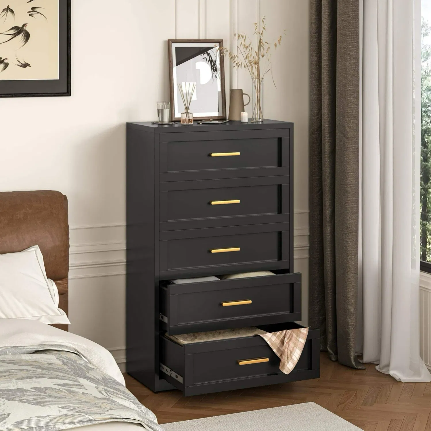 Low Profile Steel Five Drawer Chest with Wide Surface for Bedroom Top Display