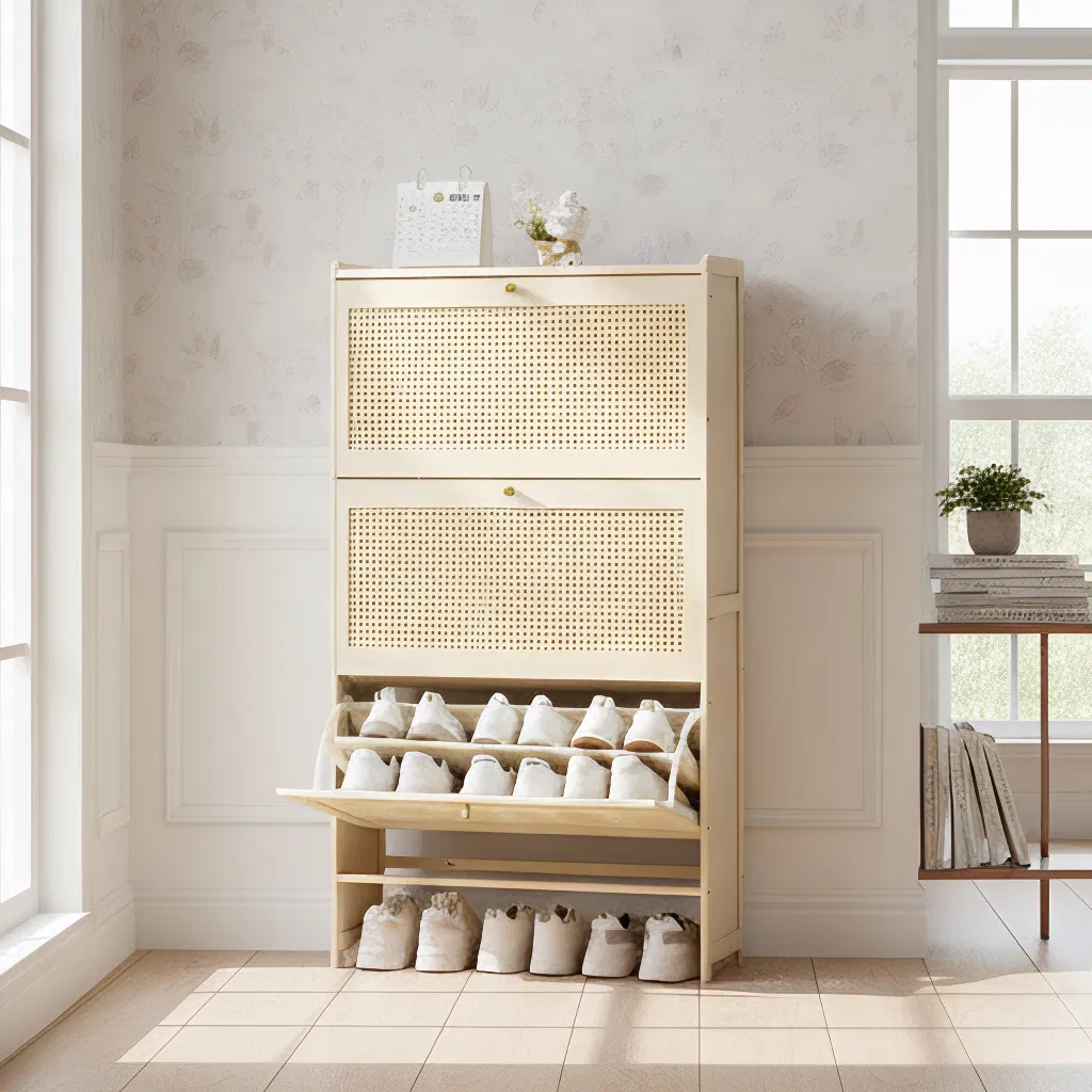 Luxury 3-Tier 20-Pair Wooden Shoe Storage Cabinet Home Furniture Modern Entryway Organizer with Rattan Door Organized Shoe Racks