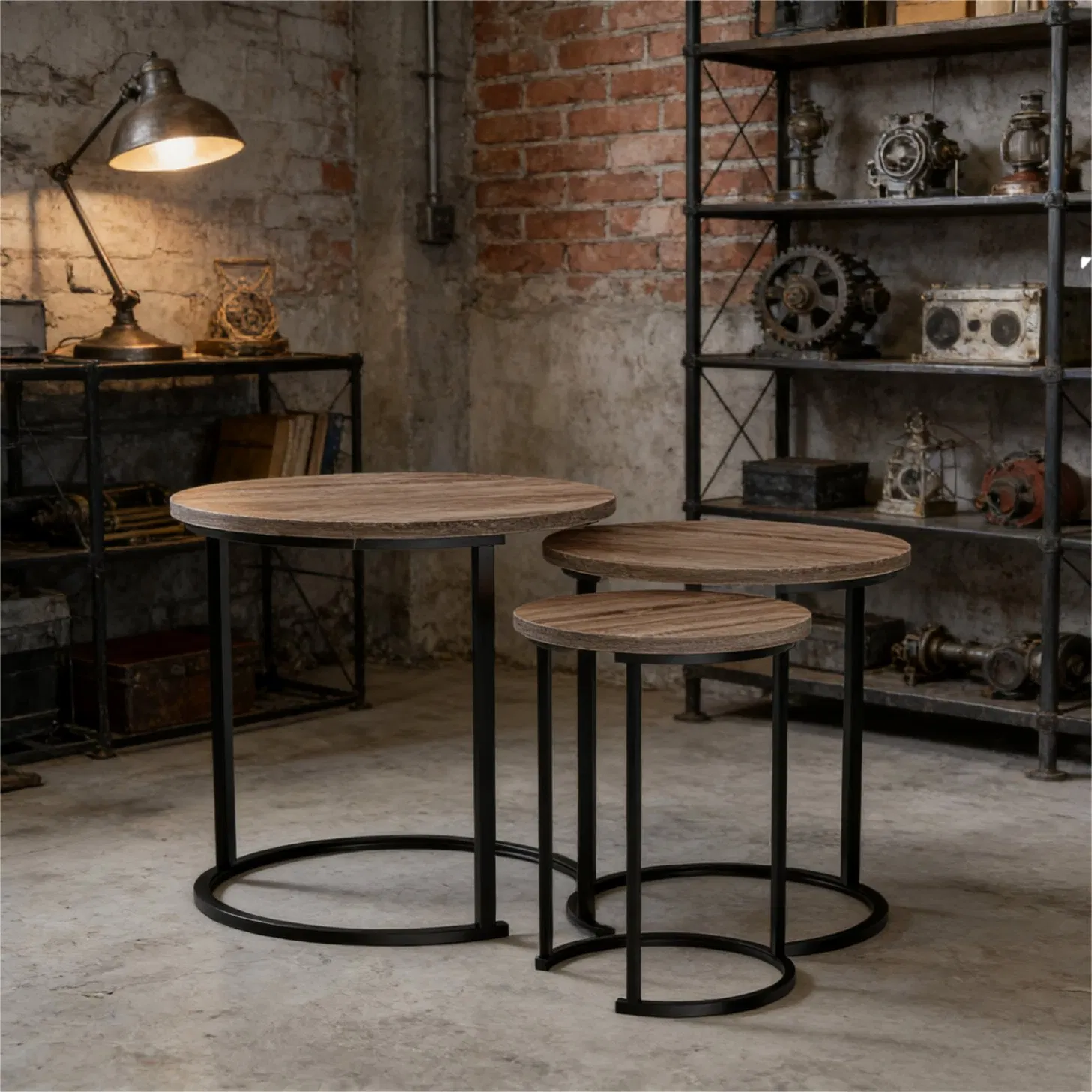 Nested Round Coffee Table Set of 3: Walnut Wood Grain Top with Black Metal Frame, Space-Saving Living Room Side Tables