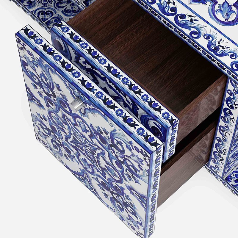 Italian Brand Modern Sideboard Blue and White Handcrafted Painting Dining Furniture Cabinet for Home Bar Living Room Kitchen