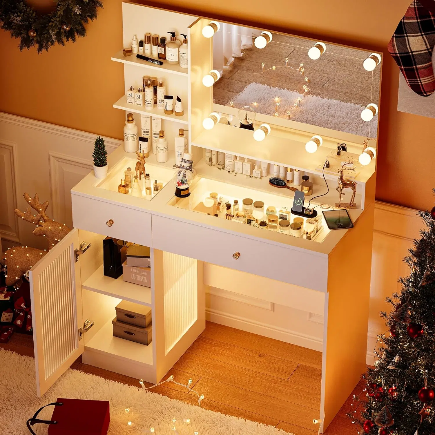 Modern Luxury White Vanity Dresser with Mirror and Lights for Home Bedroom
