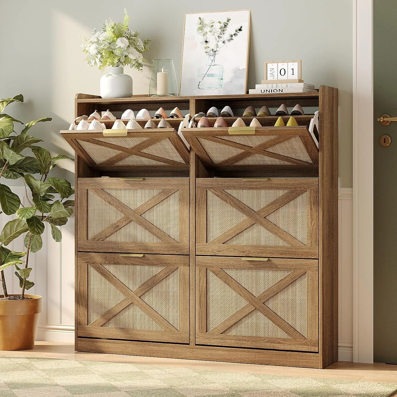 Entryway Barn-Door Style Flip-Top Shoe Cabinet with Adjustable Shelves Top Fence and Anti-Tip Design