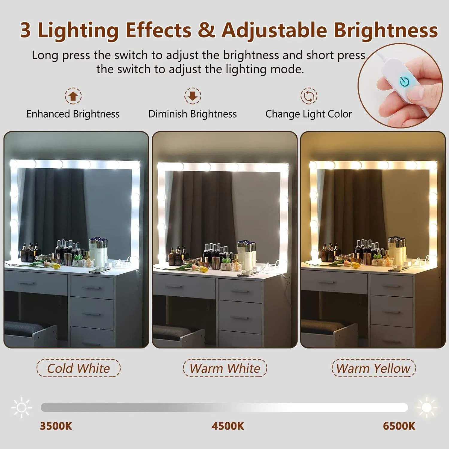 Modern Luxury White Vanity Dresser with Mirror and Lights for Home Bedroom