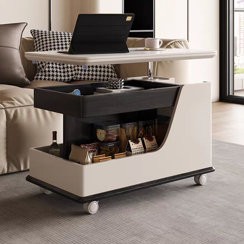 Solid Wood Liftable Mobile Trolley Side Table Coffeetable for Living Room