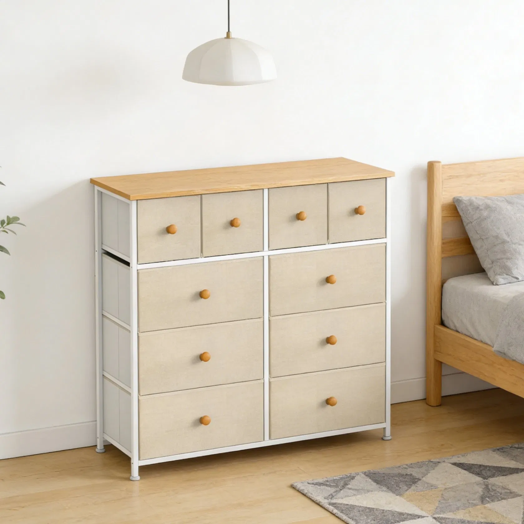 Modern Beige Fabric Chest of Drawers with 10 Spacious Drawers Wooden Tabletop and Easy-Pull Clothes Drawer for Closet Entryway Bedroom Organization
