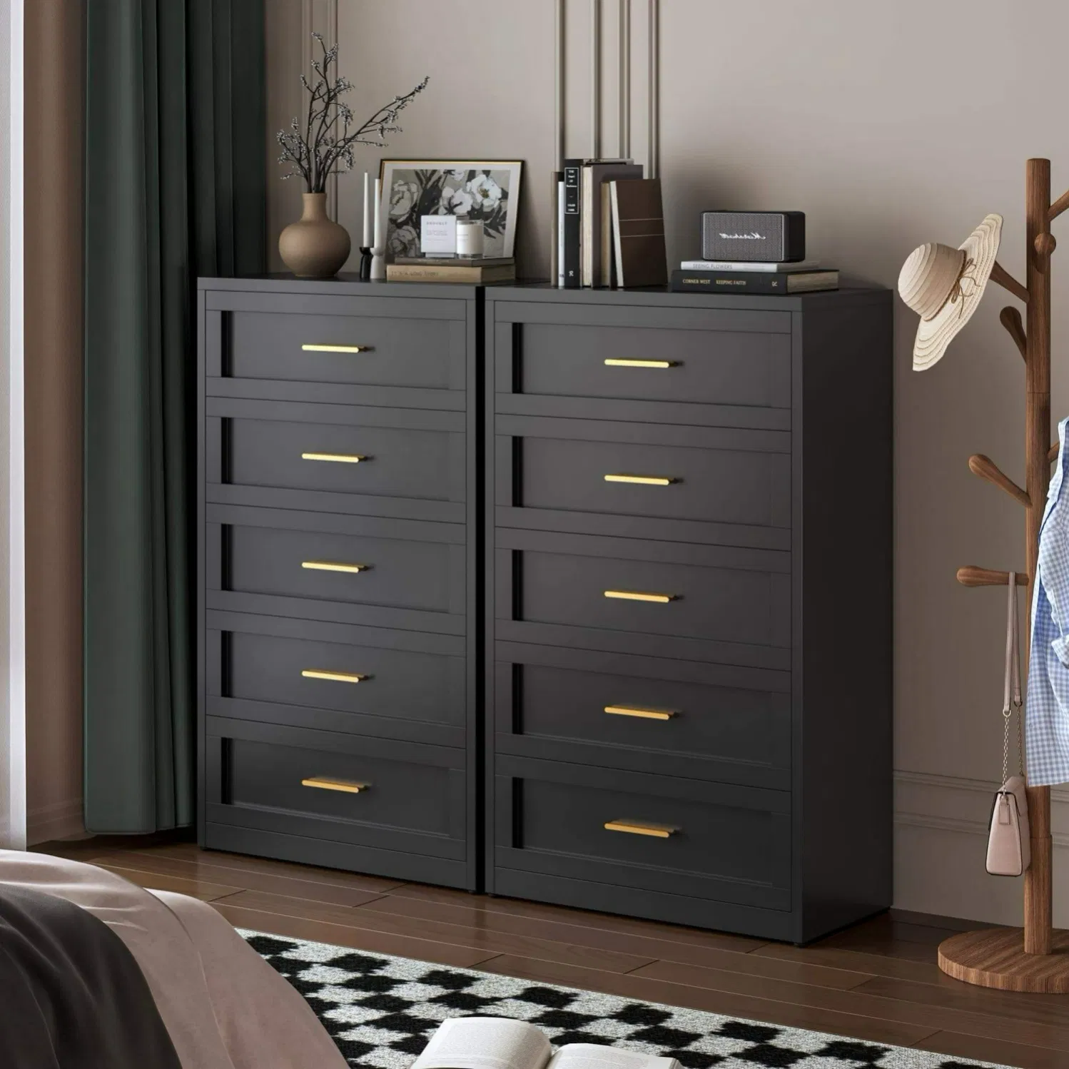 High Gloss Steel Five Drawer Chest with Reflective Surface for Modern Bedrooms