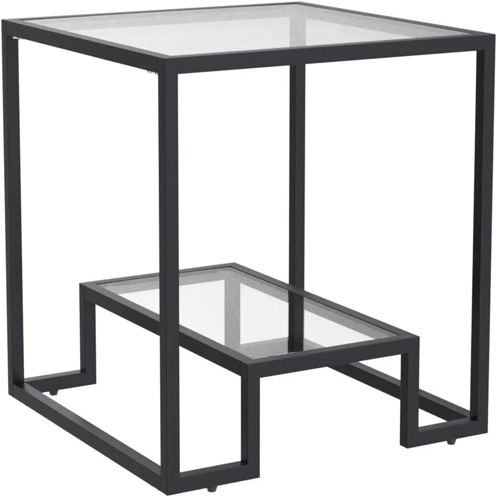 Modern 2-Tier Glass Console Smart Coffee Table Golden Iron Legs Anti-Tip Device Black Rectangle Sofa Side Desk for Living Room Entryway Foyer