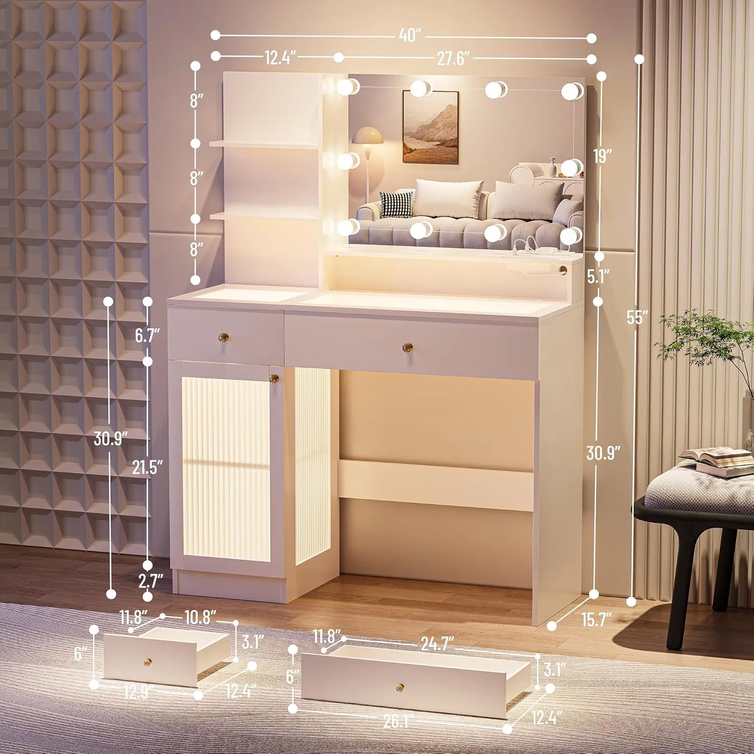 Modern Luxury White Vanity Dresser with Mirror and Lights for Home Bedroom