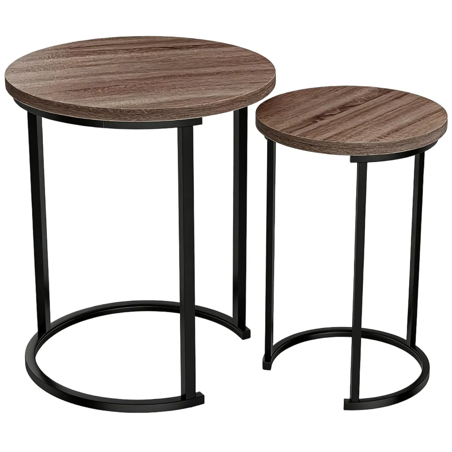 Nested Round Coffee Table Set of 3: Walnut Wood Grain Top with Black Metal Frame, Space-Saving Living Room Side Tables