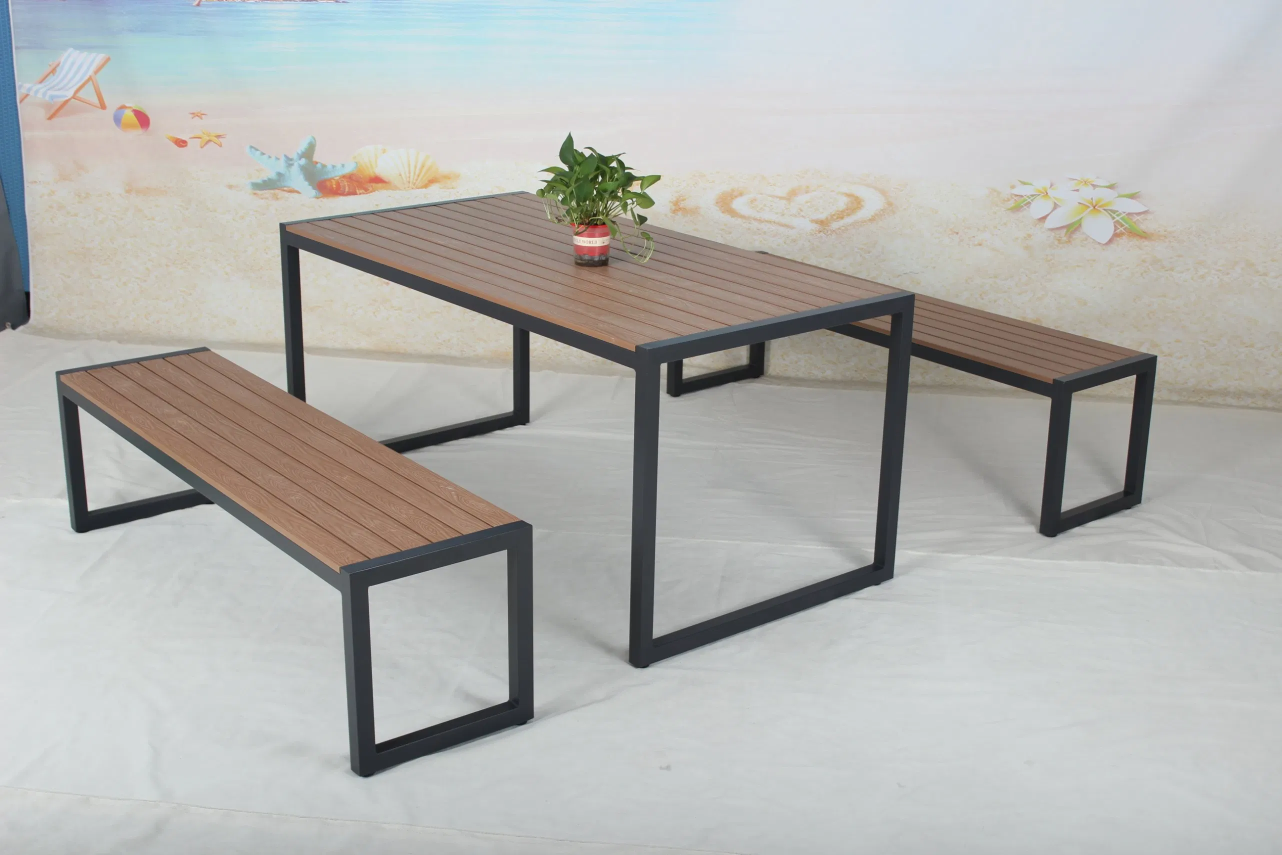 Aluminum Frame Plastic Wood Outdoor Dining Table Furniture Set Garden Bench