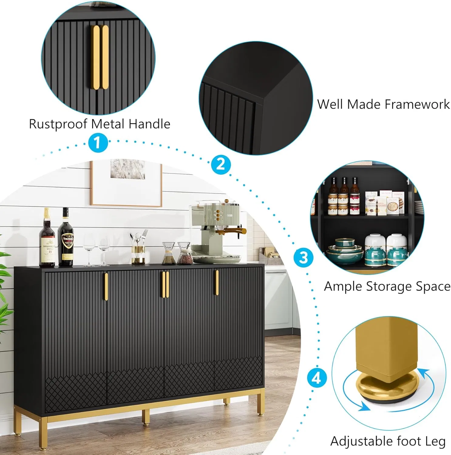 Modern Luxury Textured Door Sideboard with Gold Hardware for Dining Kitchen Living Room Storag