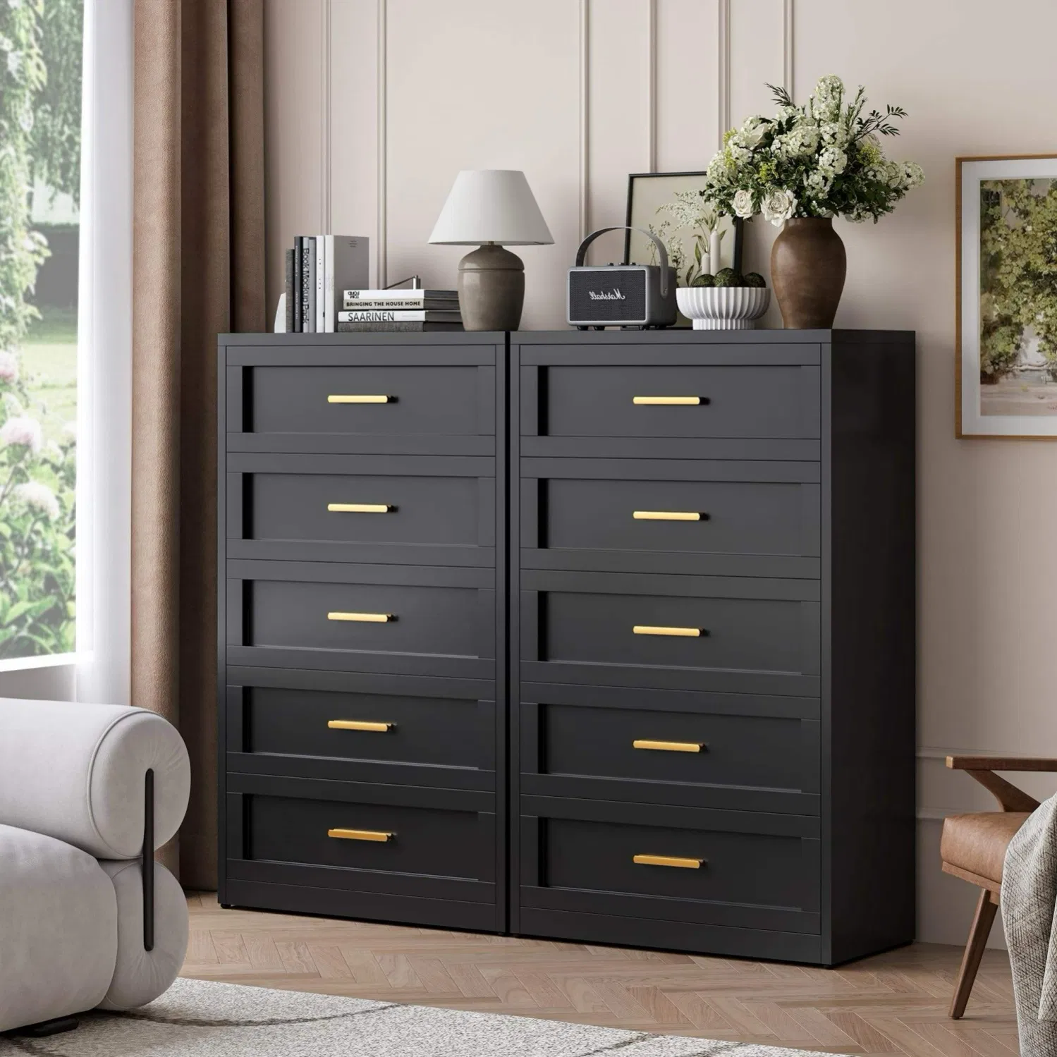 Low Profile Steel Five Drawer Chest with Wide Surface for Bedroom Top Display