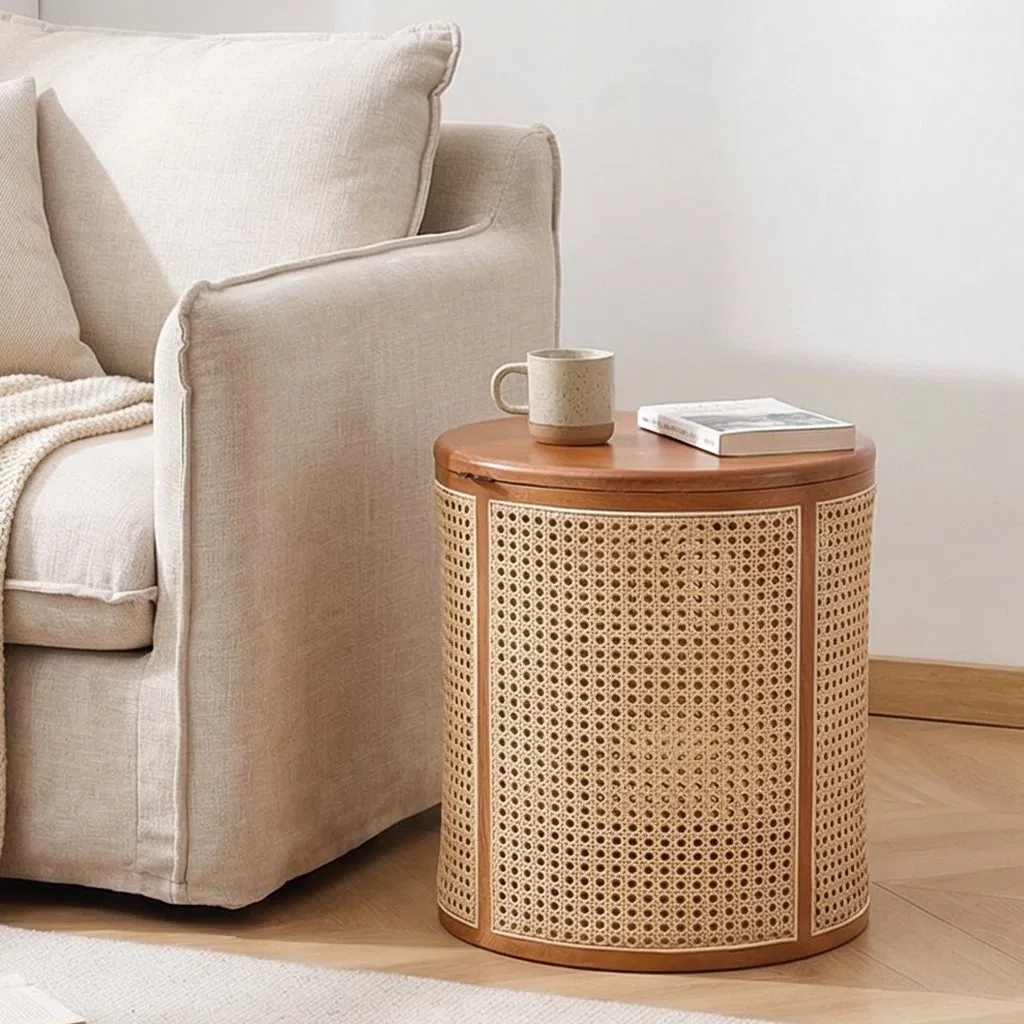 Natural Style Round Side Table Wood Top with Rattan for Living Room