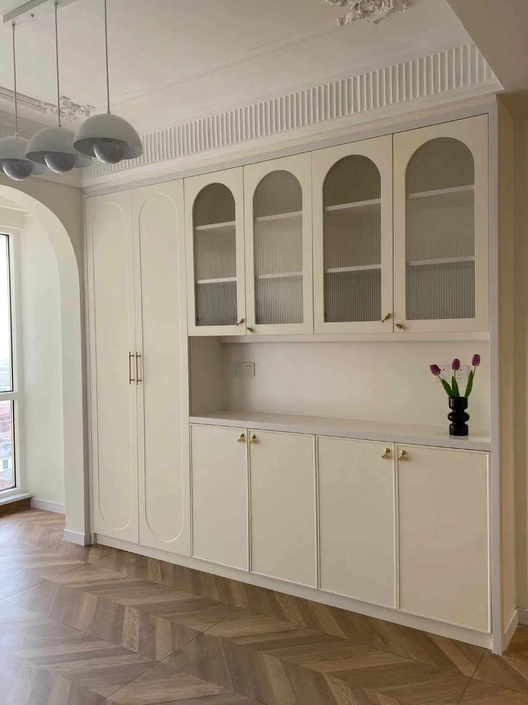 Luxury Italian Long Glass White Dining Room /Oak Farm French Rustic Vintage Acacia Wood Kitchen Storage Modular Sideboard Cabinet with Marble Top