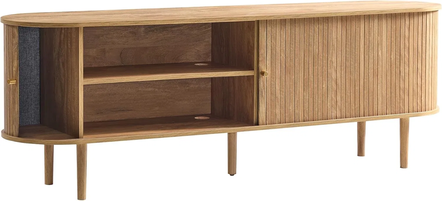 Functional Scandinavian Round Solid Wood TV Stand with 4 Open Shelves and 2 Side Cabinets for Living Room