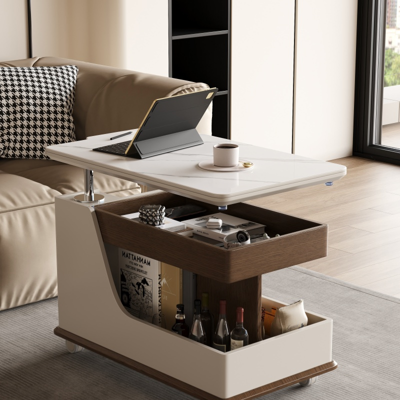 Solid Wood Liftable Mobile Trolley Side Table Coffeetable for Living Room