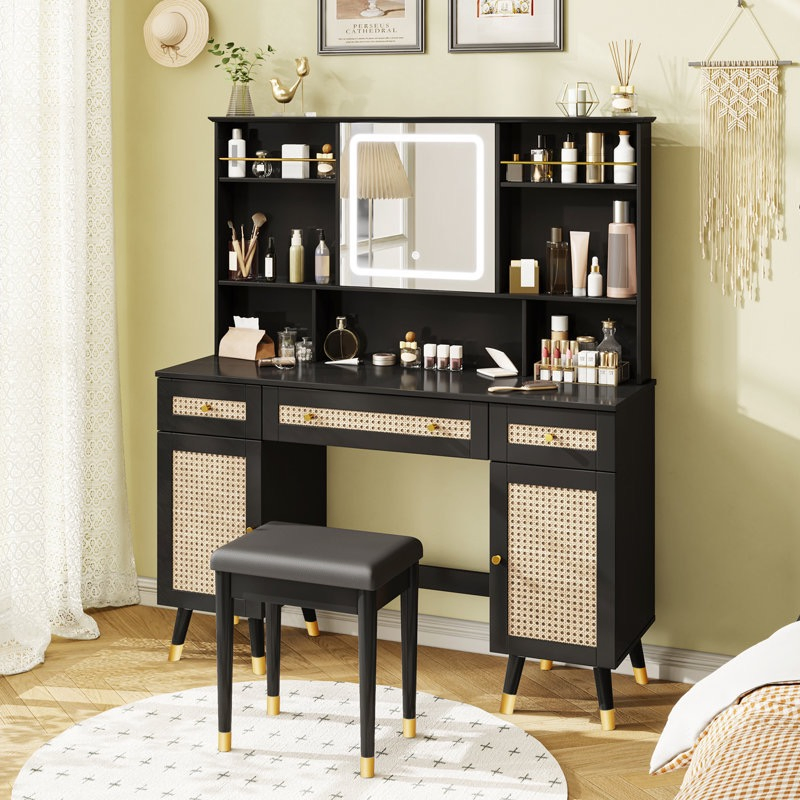 Elegant Black Dresser Vanity with Lighted Mirror, Rattan Accents &amp; Gold Legs Functional Bedroom Dresser for Makeup Storage