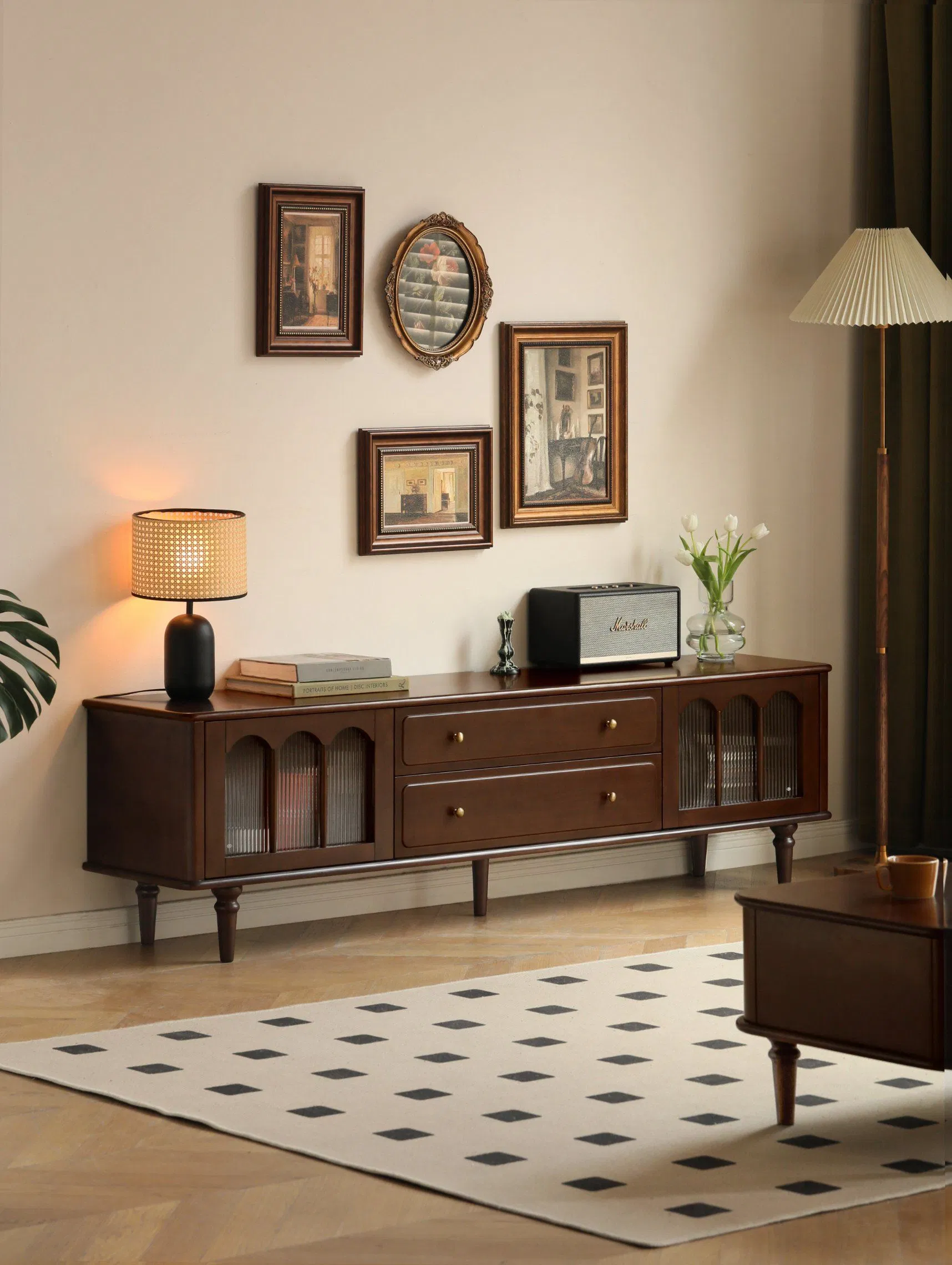 Dark Brown TV Stand with Arched Glass Doors Perfect for Living Room