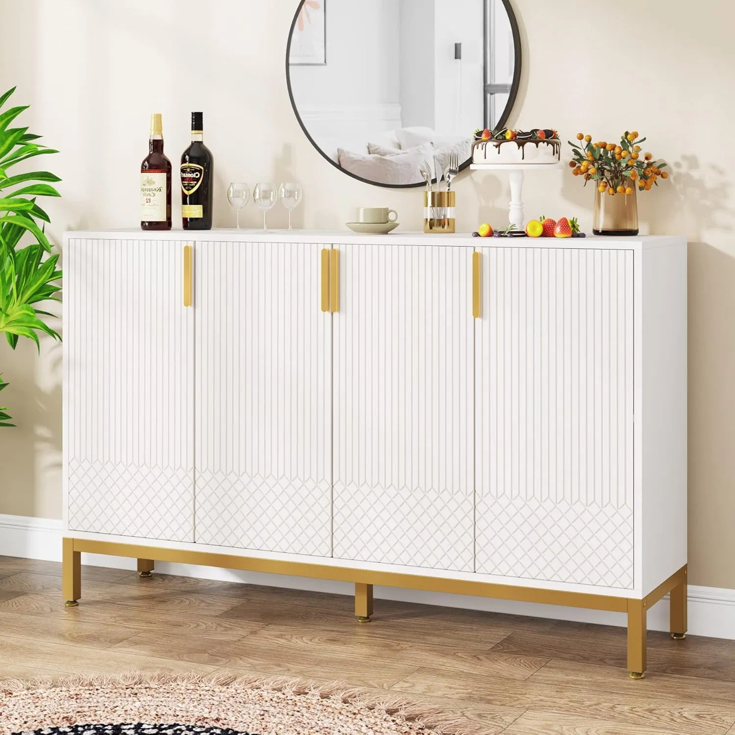 Modern Luxury Textured Door Sideboard with Gold Hardware for Dining Kitchen Living Room Storag