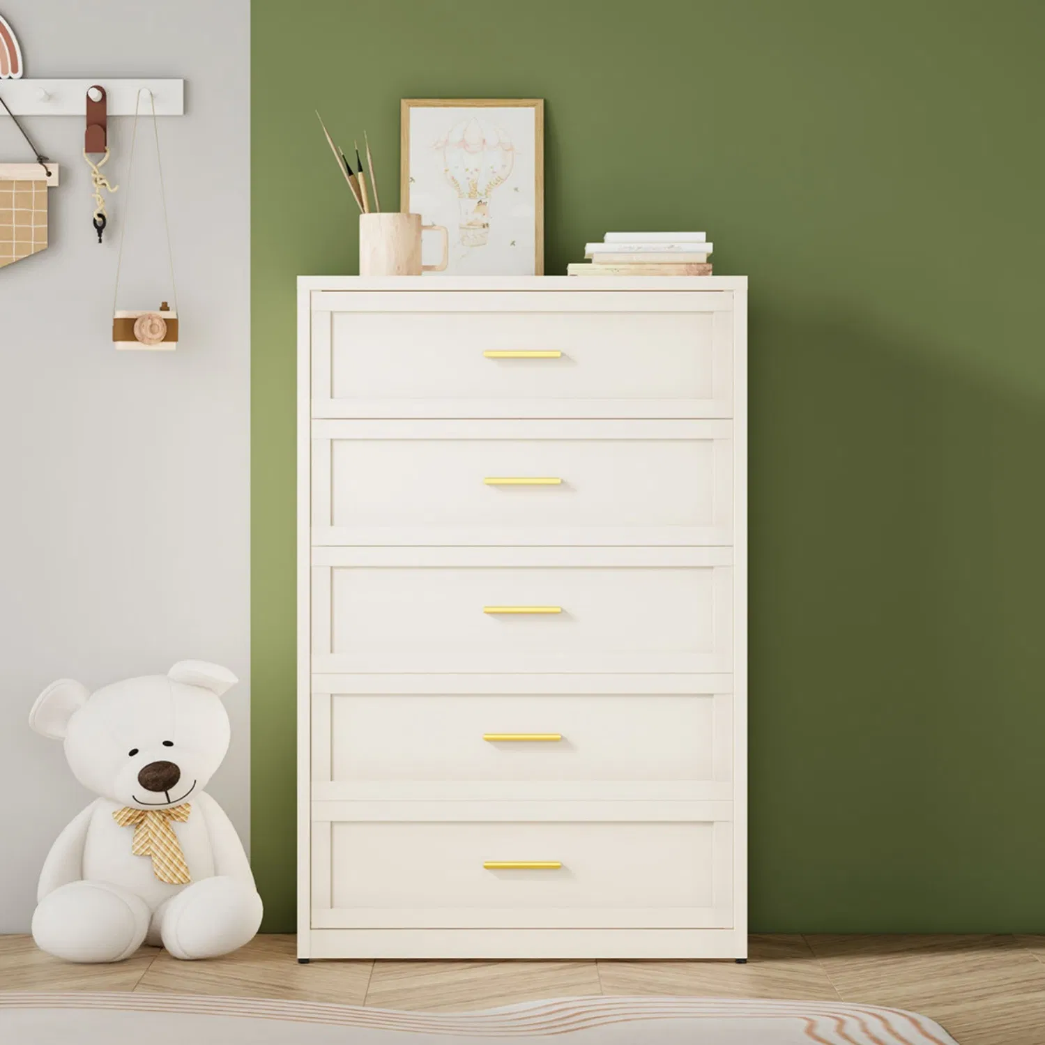 Low Profile Steel Five Drawer Chest with Wide Surface for Bedroom Top Display