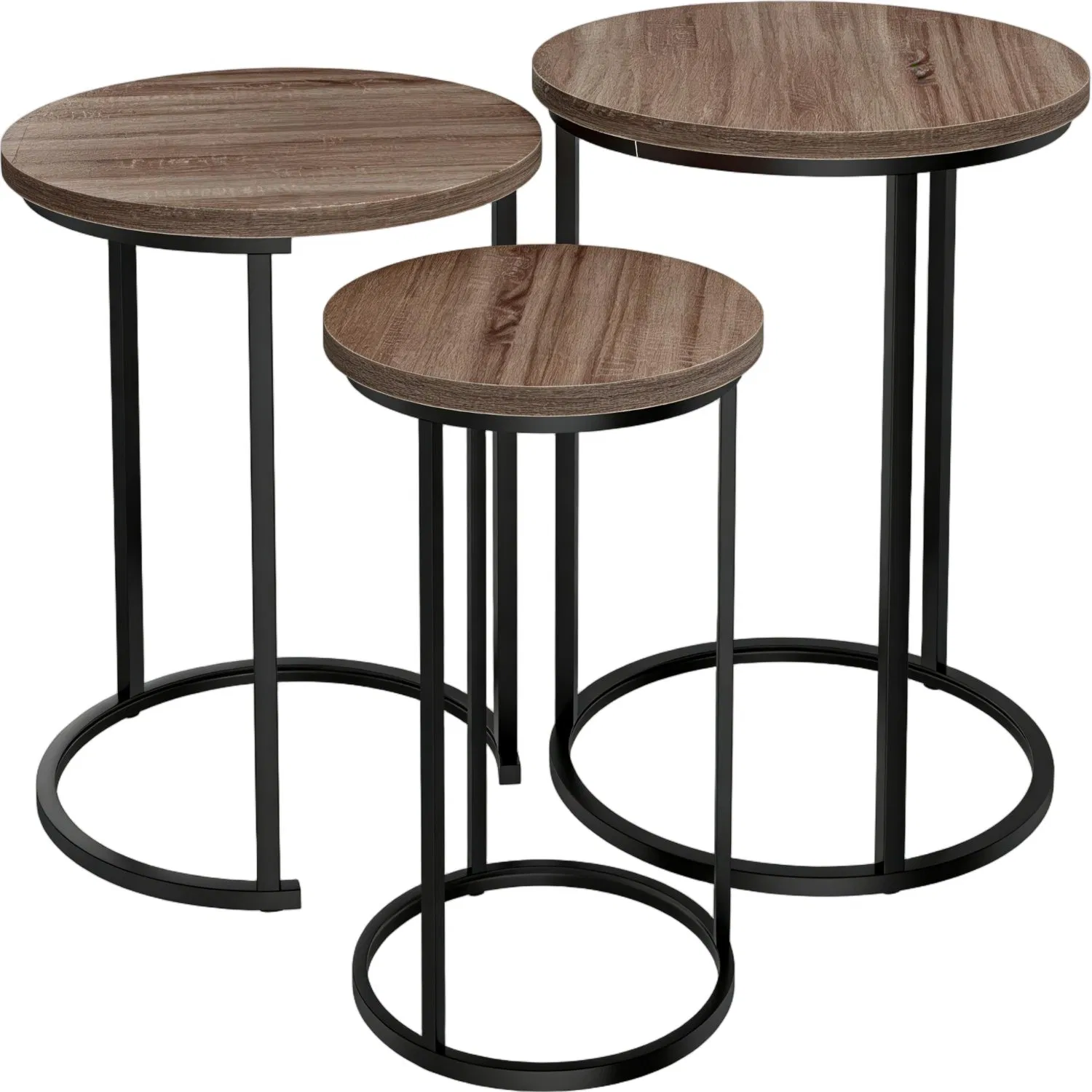 Nested Round Coffee Table Set of 3: Walnut Wood Grain Top with Black Metal Frame, Space-Saving Living Room Side Tables