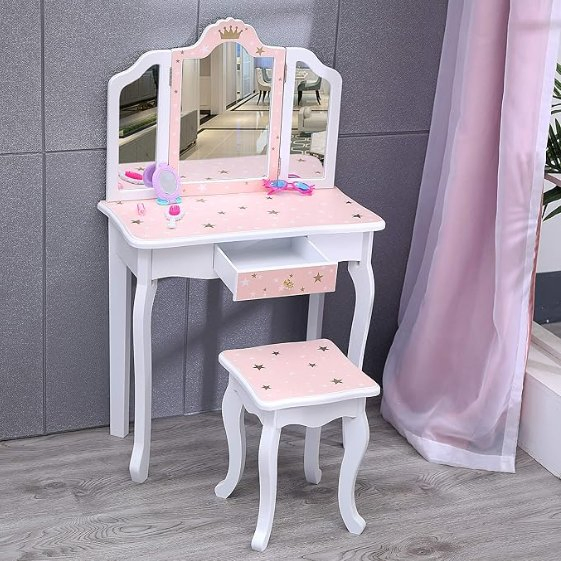 High Quality Bedroom Furniture Wooden Princess Makeup Dresser with Mirror and Stool