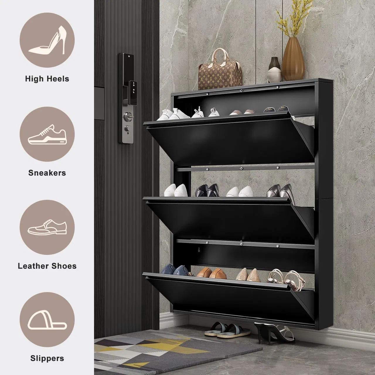 Stylish Wall-Mounted Steel Shoe Cabinet with 3 Flip Drawers Steel Shoe Cabinet with 3 Flip Drawers Wall Mount Metal Shoe Organizer for Entryway