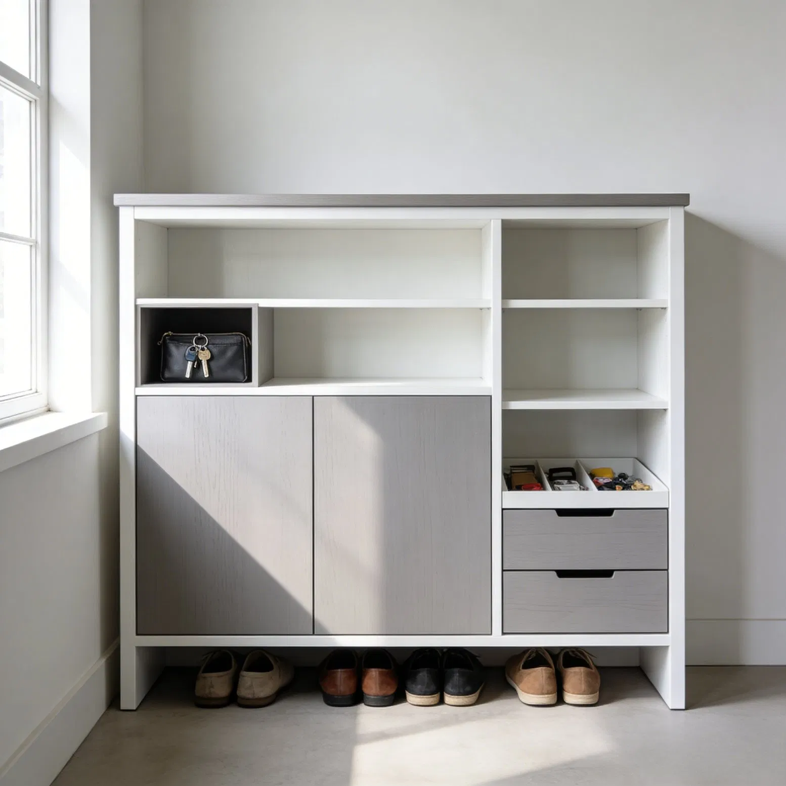 Wooden Entryway Console Cabinet with Multi-Layer Storage for Shoes and Bags