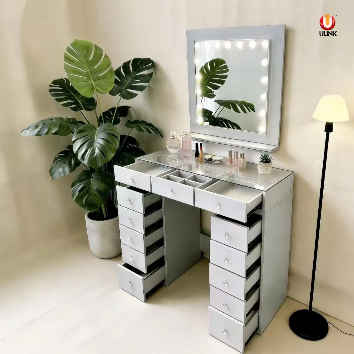 Wholesale Melamine Bedroom Dressing Table Makeup Vanity Mirrored Dresser with Side Cabinet