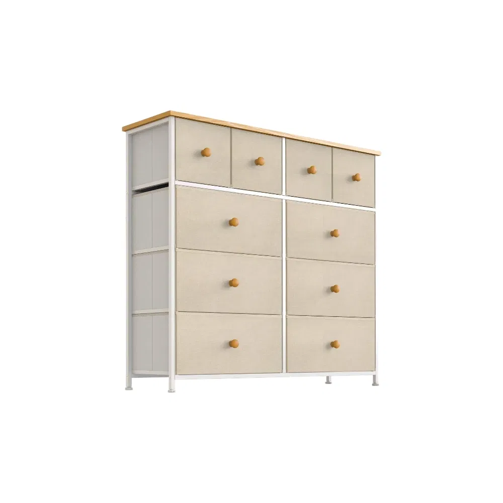 Modern Beige Fabric Chest of Drawers with 10 Spacious Drawers Wooden Tabletop and Easy-Pull Clothes Drawer for Closet Entryway Bedroom Organization