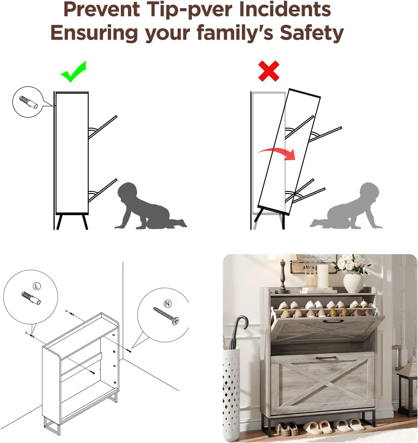 Entryway Barn-Door Style Flip-Top Shoe Cabinet with Adjustable Shelves Top Fence and Anti-Tip Design