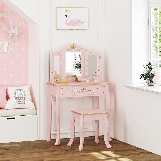 High Quality Bedroom Furniture Wooden Princess Makeup Dresser with Mirror and Stool