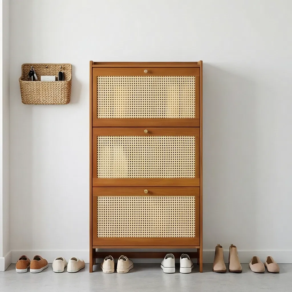 Luxury 3-Tier 20-Pair Wooden Shoe Storage Cabinet Home Furniture Modern Entryway Organizer with Rattan Door Organized Shoe Racks