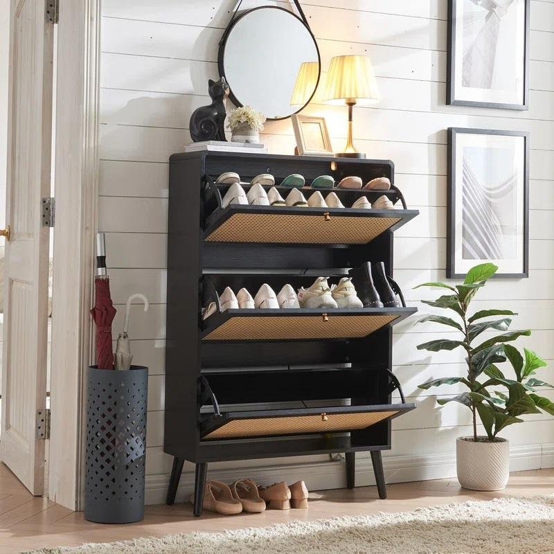 Luxury 3-Tier 20-Pair Wooden Shoe Storage Cabinet Home Furniture Modern Entryway Organizer with Rattan Door Organized Shoe Racks