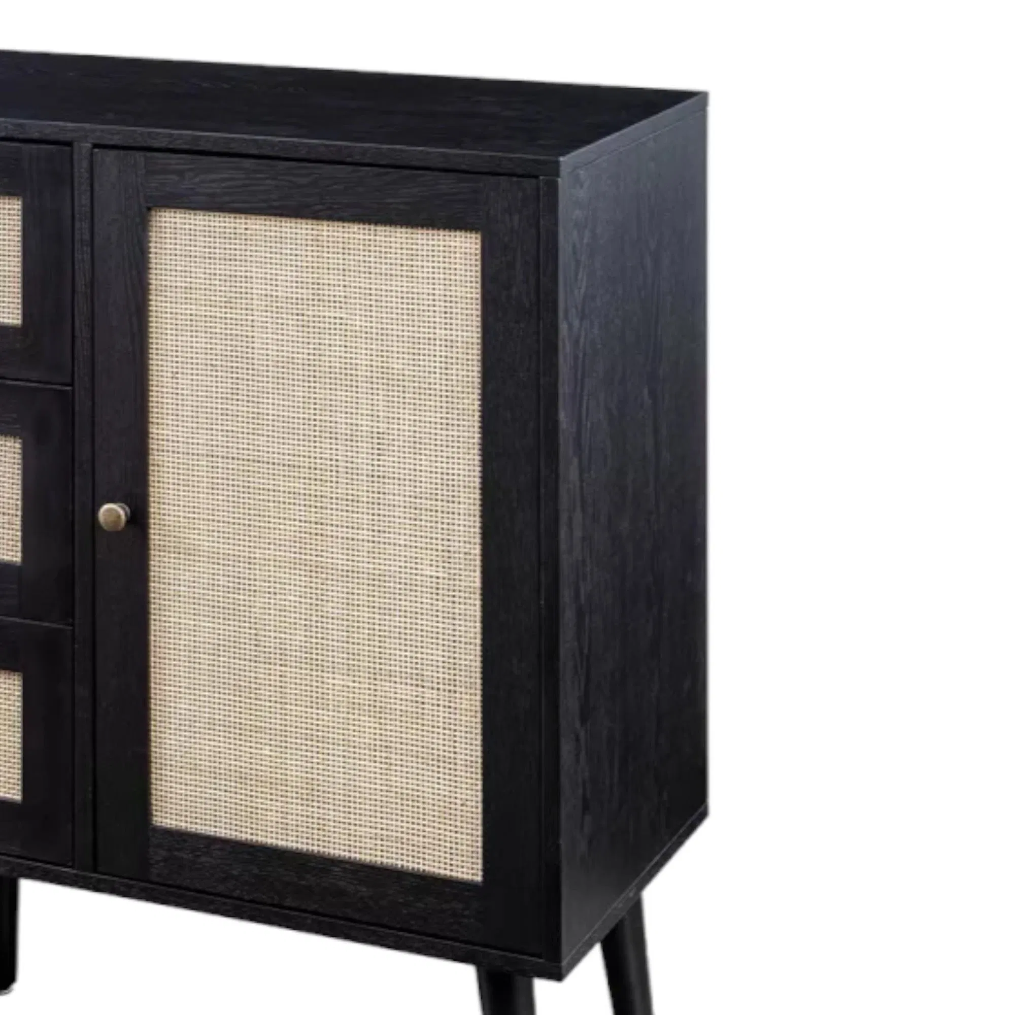 Modern Black Finish Sideboard with Rattan Accents for Dining Rooms