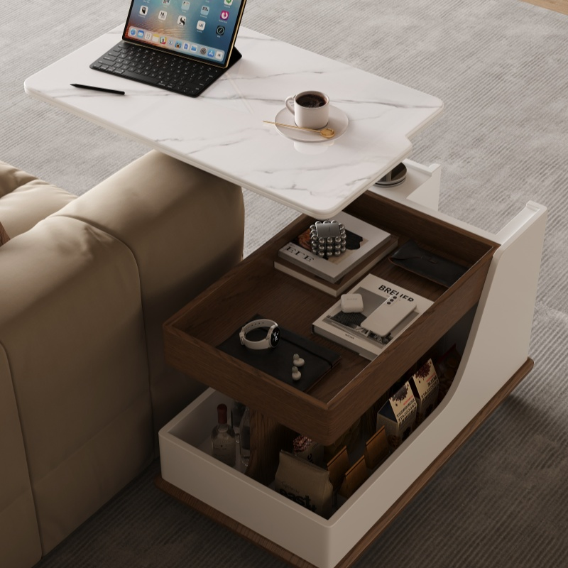 Solid Wood Liftable Mobile Trolley Side Table Coffeetable for Living Room