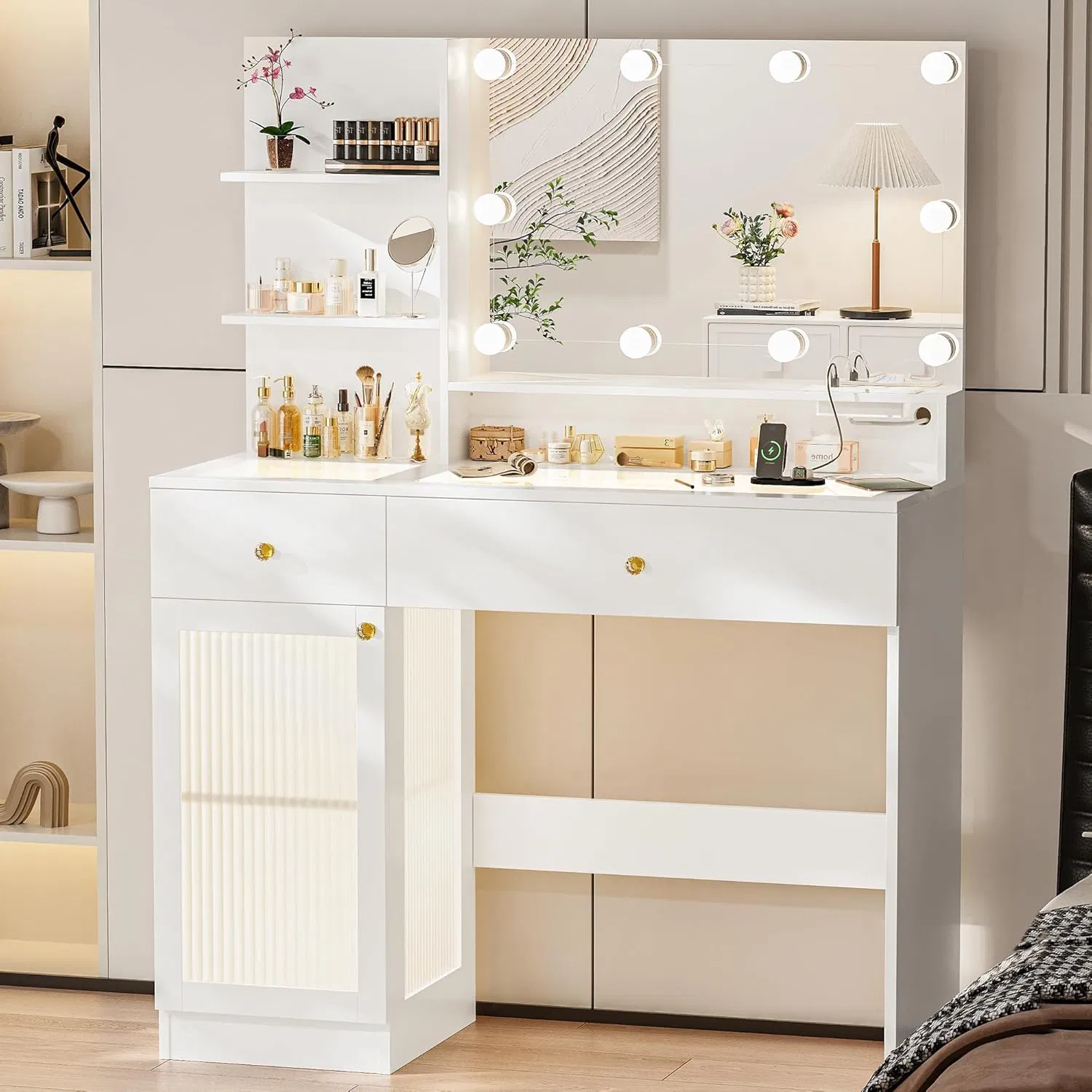 Modern Luxury White Vanity Dresser with Mirror and Lights for Home Bedroom