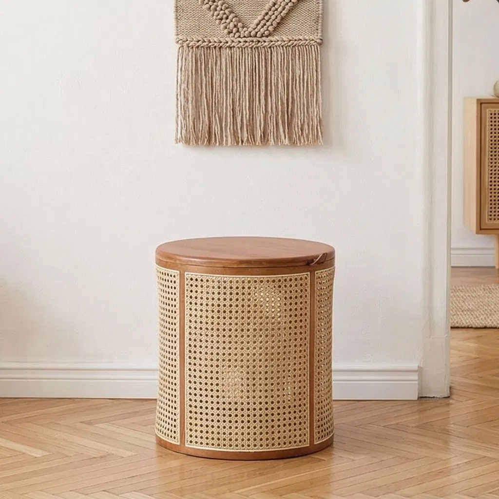 Natural Style Round Side Table Wood Top with Rattan for Living Room