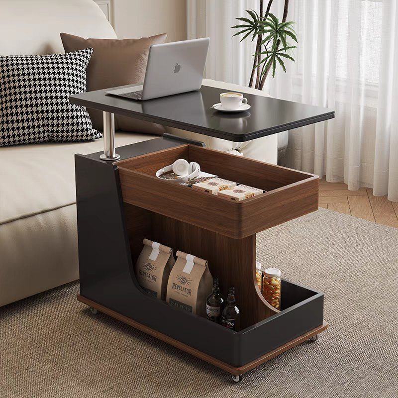 Solid Wood Liftable Mobile Trolley Side Table Coffeetable for Living Room