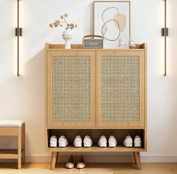 Minimalist Entryway Solid Wood Storage Shoe Cabinet with Rattan Doors