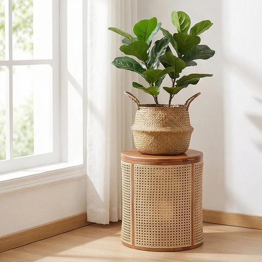 Natural Style Round Side Table Wood Top with Rattan for Living Room